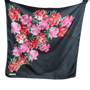Vintage Leonardi Olga Greco Scarf Womens Black Pink Red Peony Flowers Italy